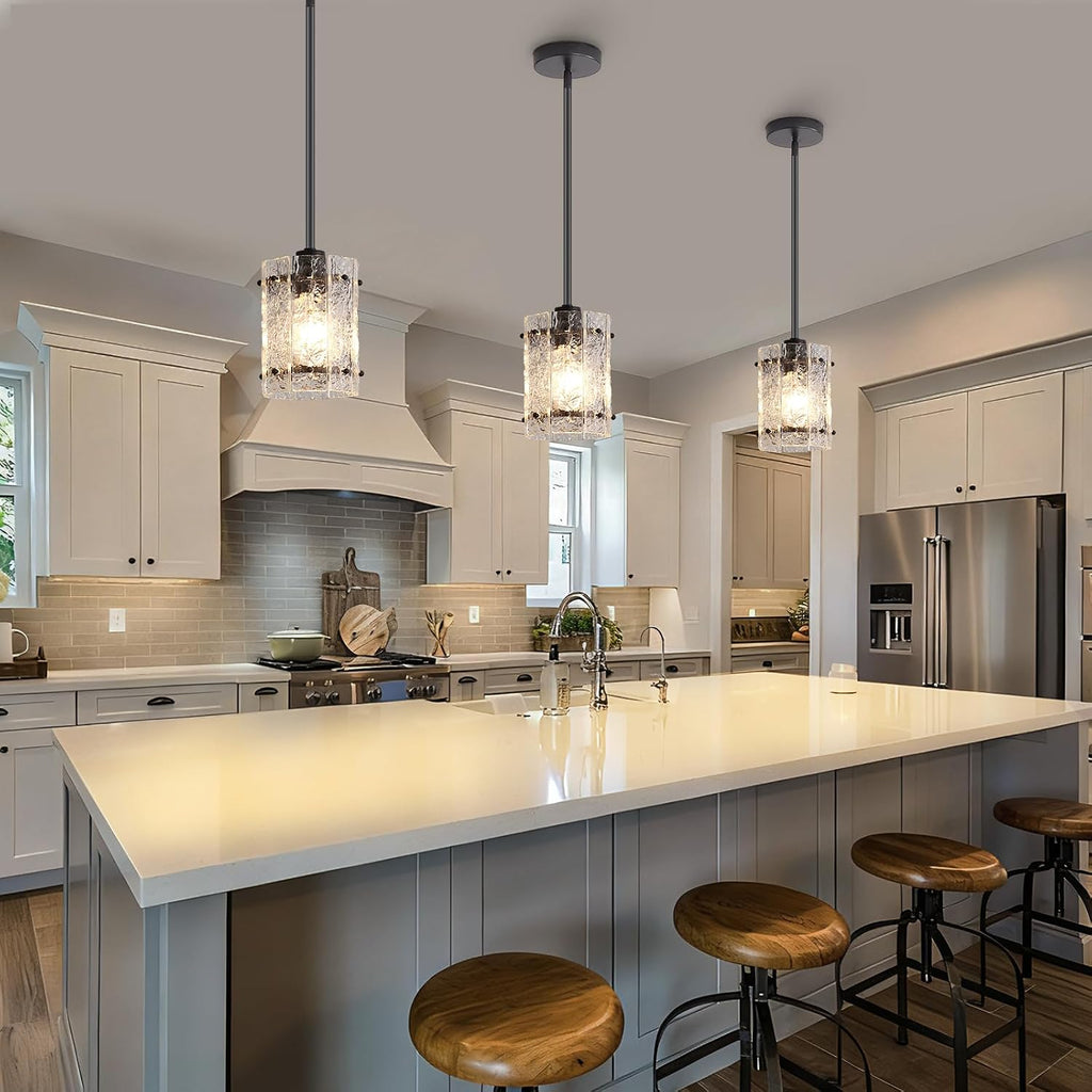 Black Glass Pendant Lights Kitchen Island, Water Ripple Round Pendant Lights Adjustable Modern Hanging Pendant Light