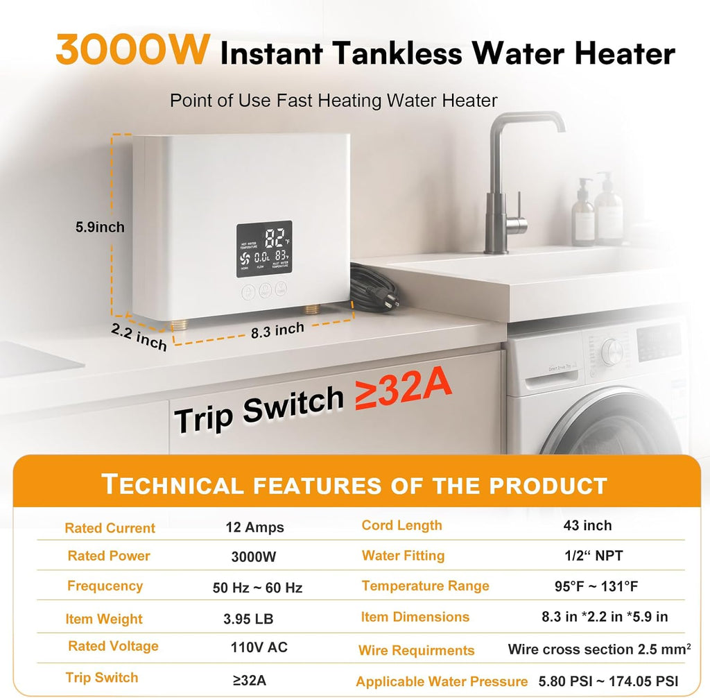 Electric Tankless Water Heater 110V 3000W