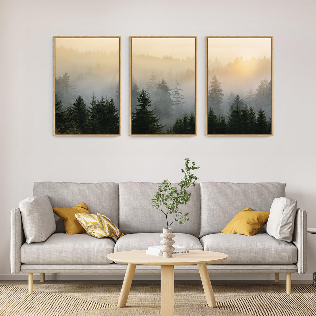 Misty Forest Wall Art Canvas Set, Framed Mountain Wall Decor, 3 Piece Nature Wall Painting, Foggy Pine Tree Landscape