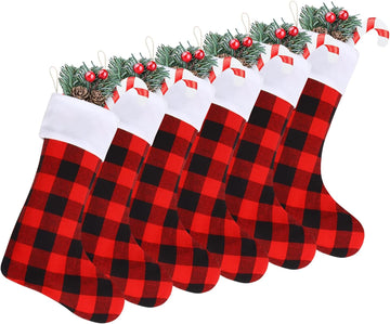 Christmas Buffalo Plaid Stockings,6 Pack 18 Inches Large Black White Plaid Stockings - Set of 6