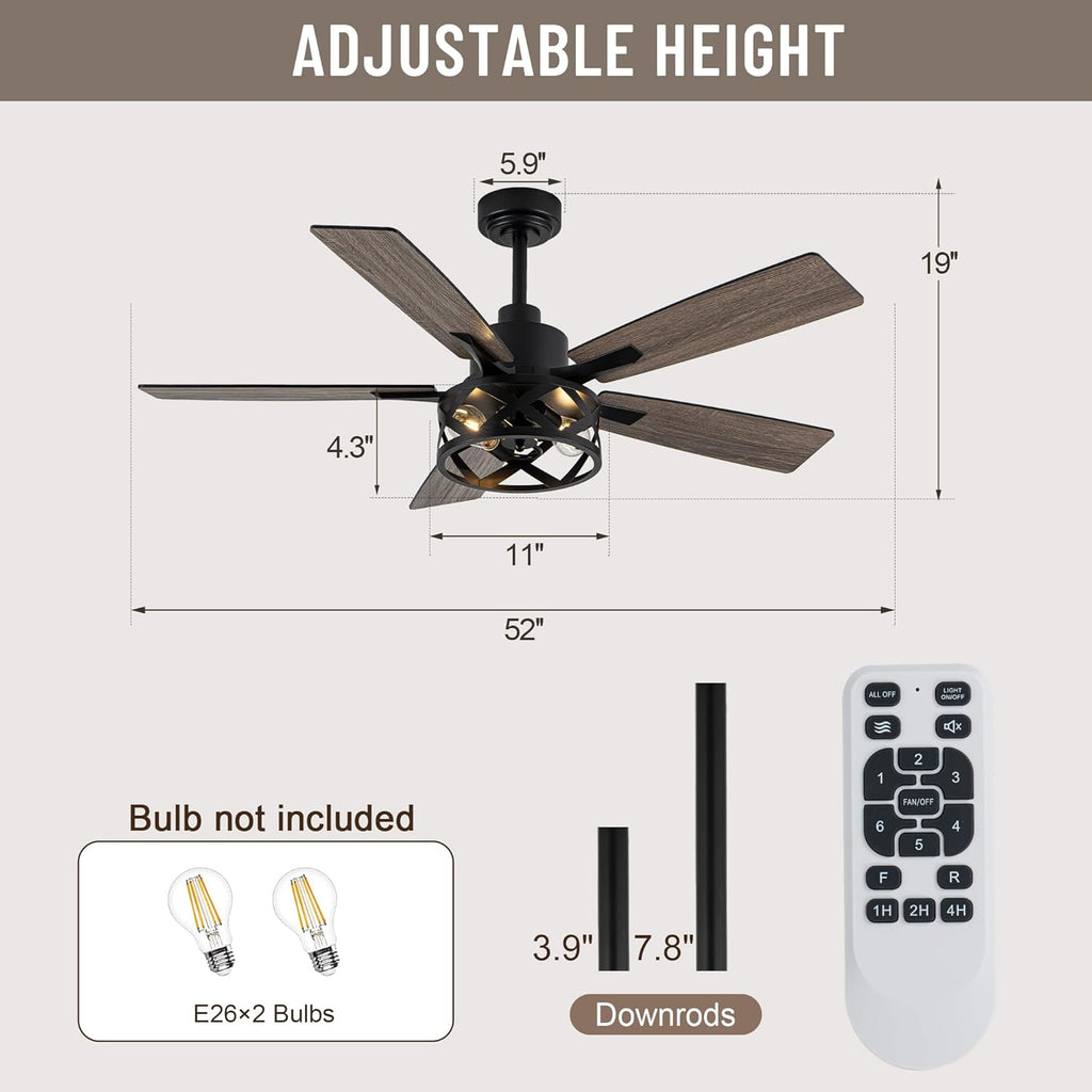 52" Farmhouse Ceiling Fan with Lights and Remote,Ceiling Fan with Caged Rustic Light Fixture,Reversible DC Motor
