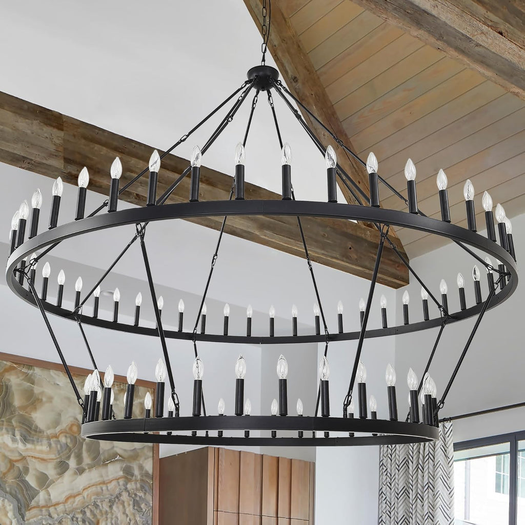 80 Inch Wagon Wheel Chandelier - 2-Tier 56-Light Black Farmhouse Pendant for High Ceilings, Indoor & Outdoor