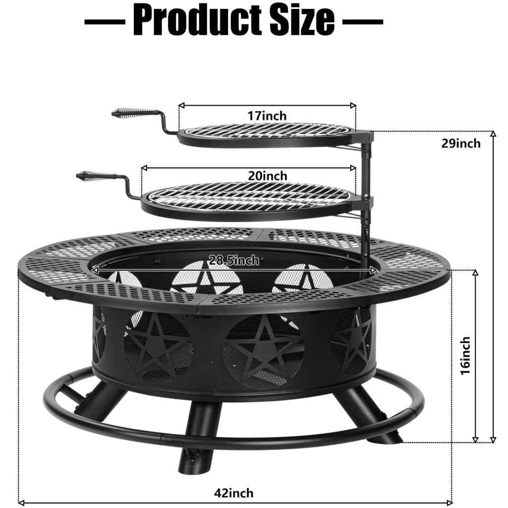 42 Inch Outdoor Fire Pits with 2 Grills, Lid & Poker