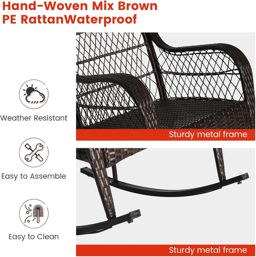 Outdoor Wicker Rocking Chair, Patio Rattan Rocker w/Lumbar Pillow, Padded Seat & Back Cushions, Metal Frame, Mix