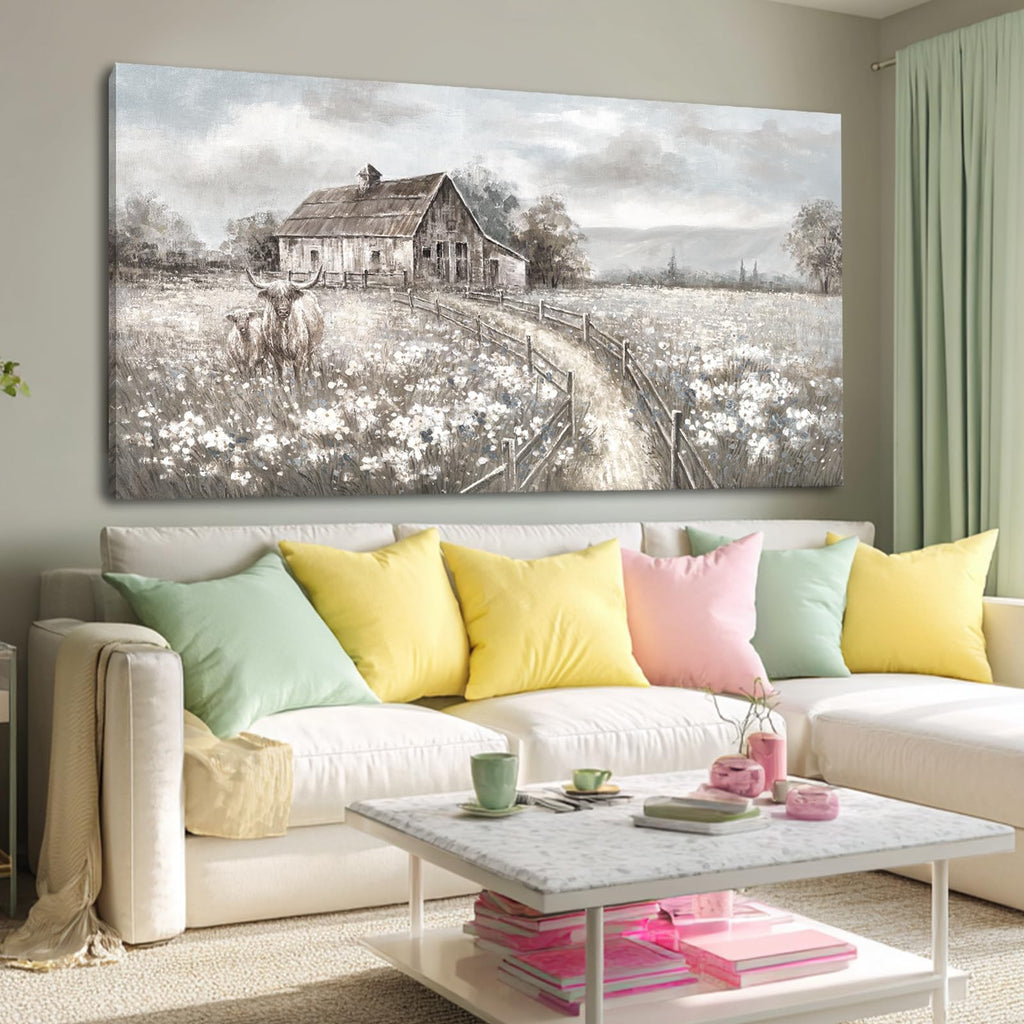 Neutral Greige Highland Cow Canvas Wall Art, Rustic Country Cottage Landscape with Meadow Flowers, Large Horizontal