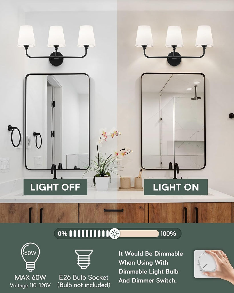 Bathroom Light Fixtures, Matte Black Vanity Lights with Flared White Fabric Shade, 3 Light Wall Sconce, Modern