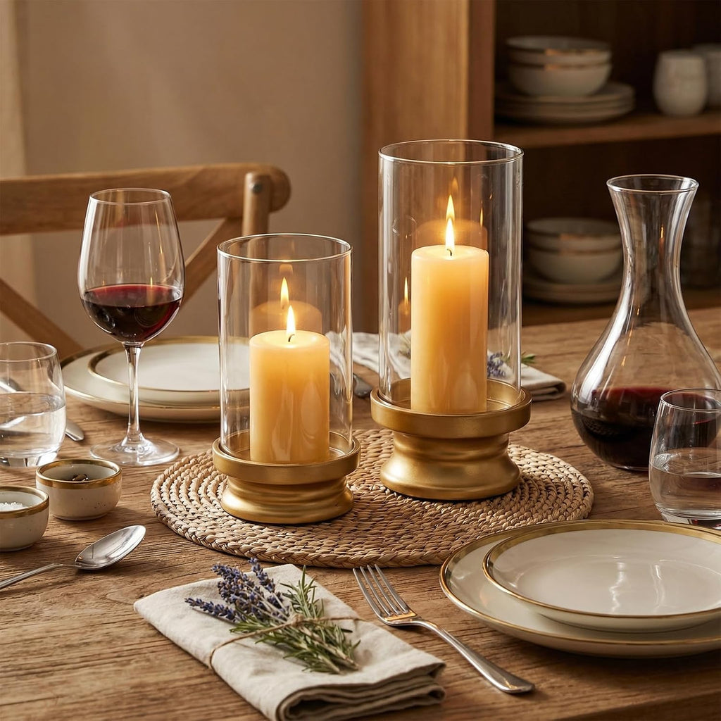 Gold Hurricane Candle Holders Set of 2 with Glass - Modern Pillar Candle Stands for Fireplace Mantel, Dining Table