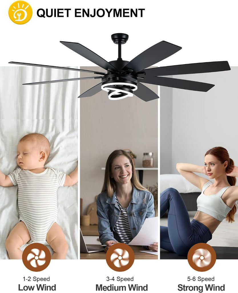 Black 72 Inch Ceiling Fans with Lights and Remote Reversible Quiet DC Motor 6 Speed LED Big Large Modern Chandelier