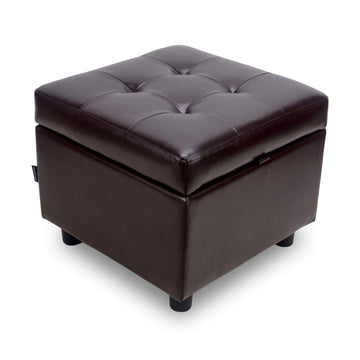 Tufted Leather Square Flip Top Storage Ottoman Cube Foot Rest (Brown with Storage)
