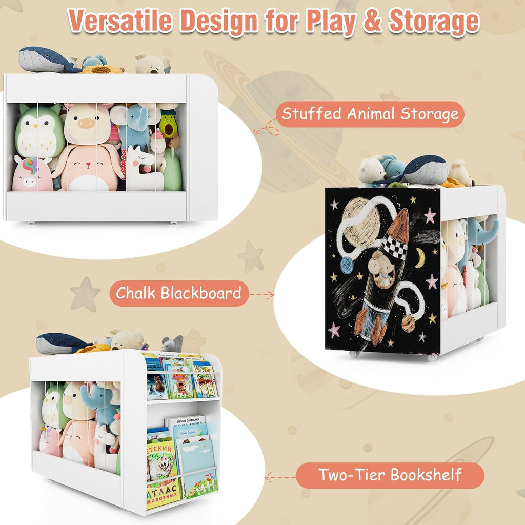 3-in-1 Toy Storage Box with Bookshelf and Chalkboard, Large Stuffed Animal Toy Chest on Wheels, Kids Toy Storage