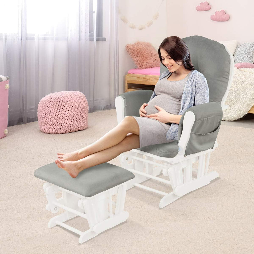 Nursery Glider with Ottoman, Upholstered Comfort Glider Rocker with Padded Cushion, Storage Pocket, Solid Wood Base