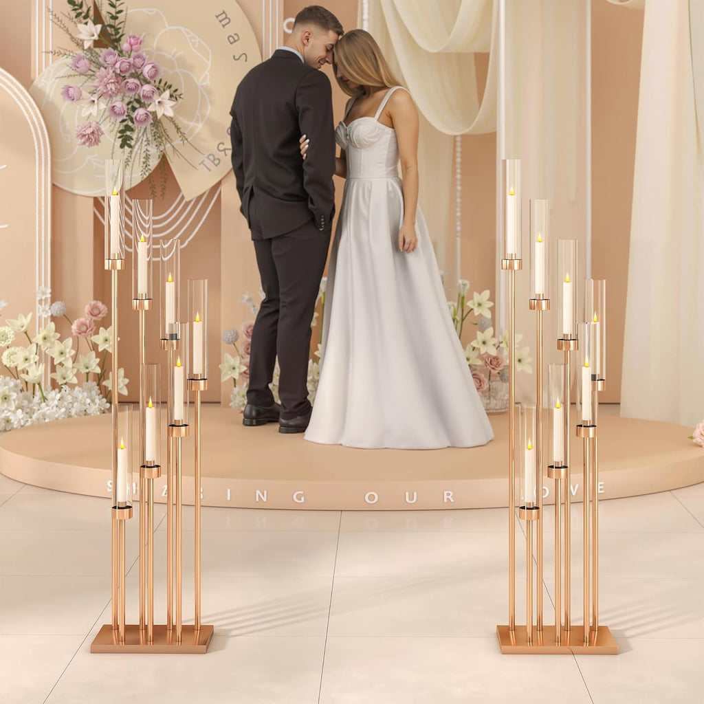 4 Pcs 46.5" Floor Candelabra 7 Arms - Gold Metal Candle Holder Stand with Acrylic Lampshades, Long Candle Sticks
