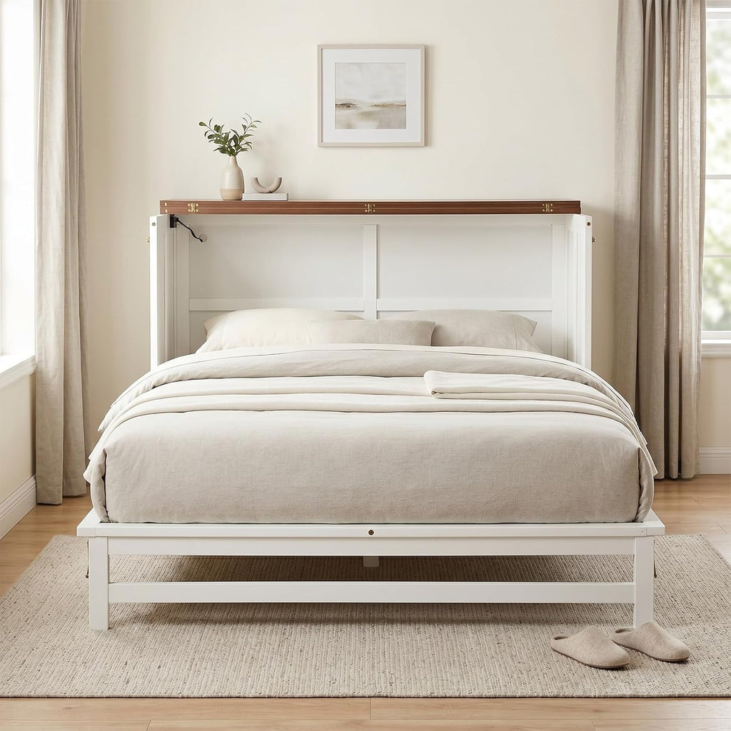 Queen Murphy Bed with Storage Drawer and USB Port, Wall Murphy Bed Frame with Charging Station, Foldable Cabinet