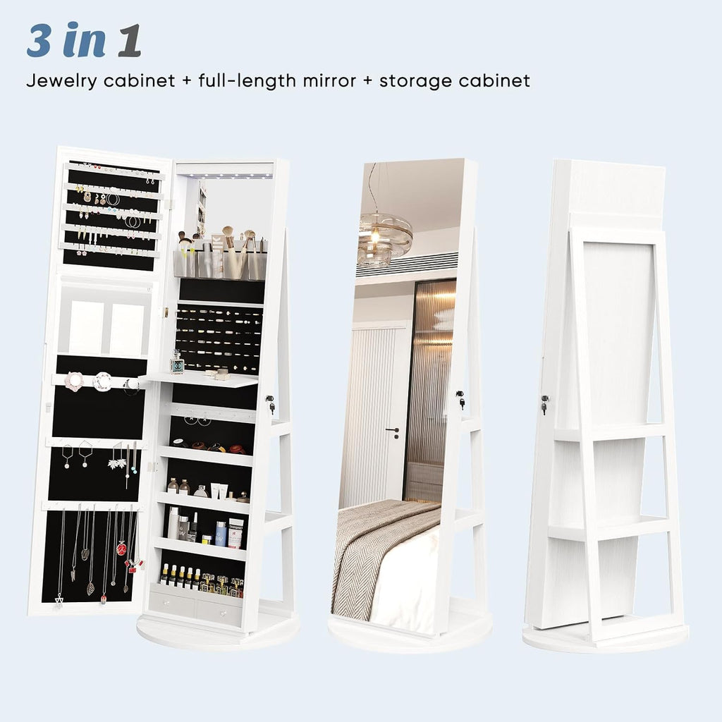 360° Rotating Jewelry Armoire with Full-Length Mirror & LED, Lockable Standing Organizer, Secure Storage