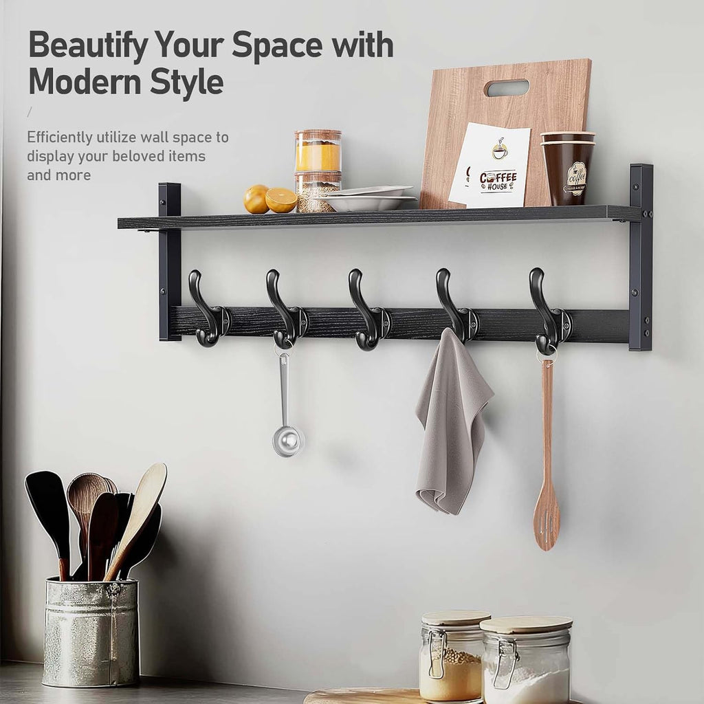 29" Rustic Coat Rack Wall Mount with Shelf, Entryway Wall Hooks with Shelf, Coat Hangers , Black