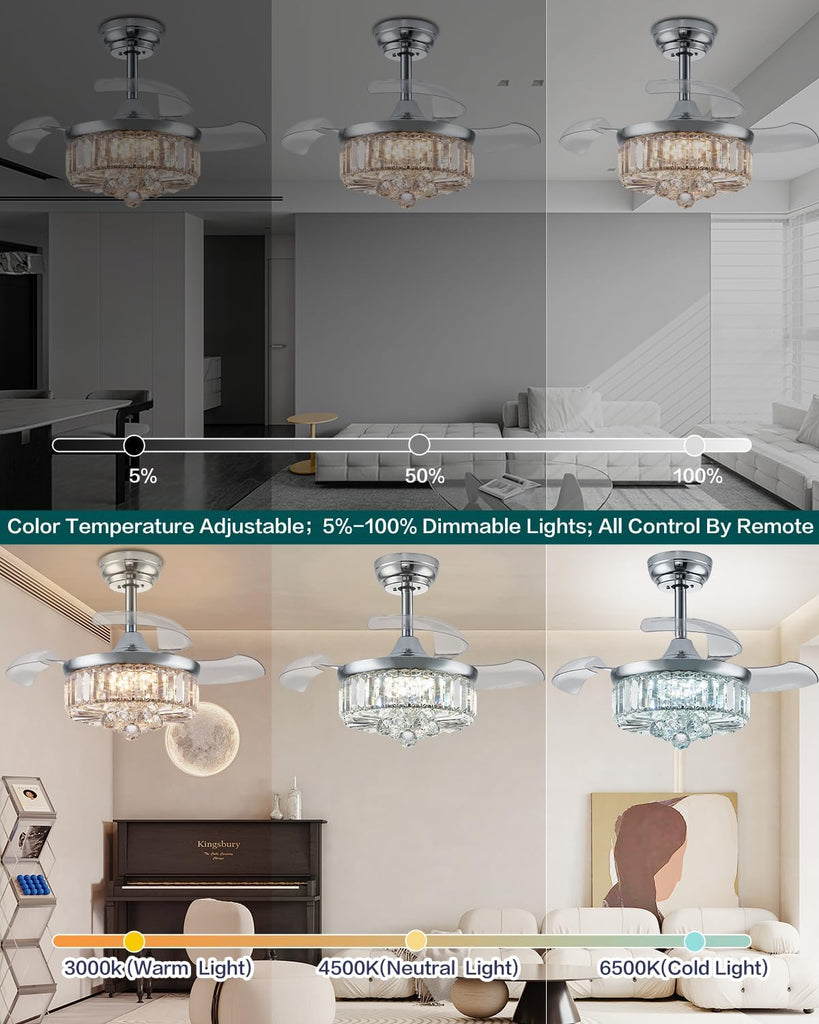 30 Inch Crystal Fandelier Ceiling Fan with Light Dimmable Chandelier Ceiling Fans with Lights ,Chrome