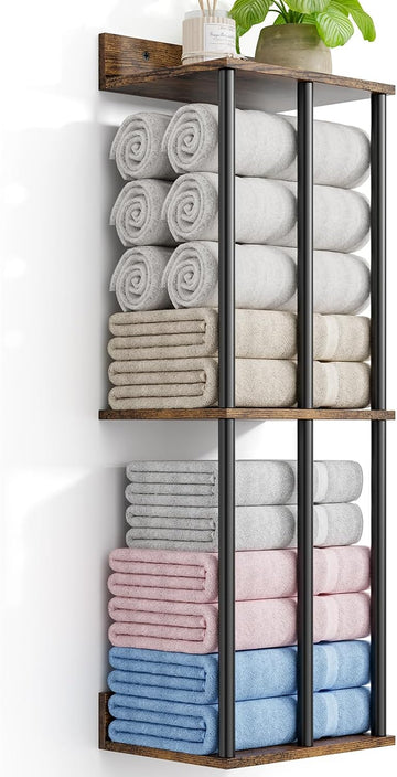 Towel Racks Wall Mounted with Wooden Storage Shelf | Updated 3 Bar Metal Towel Holder for Rolled Towels, Sturdy and