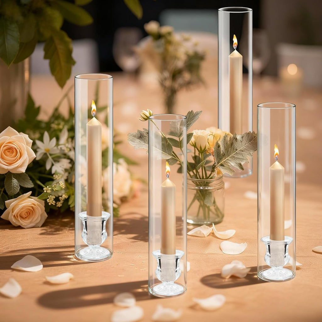 12 Sets Glass Hurricane Candle Holders - 12.6" Glass Candlestick Holders with Clear Tall Cylinder Candle Sleeves for