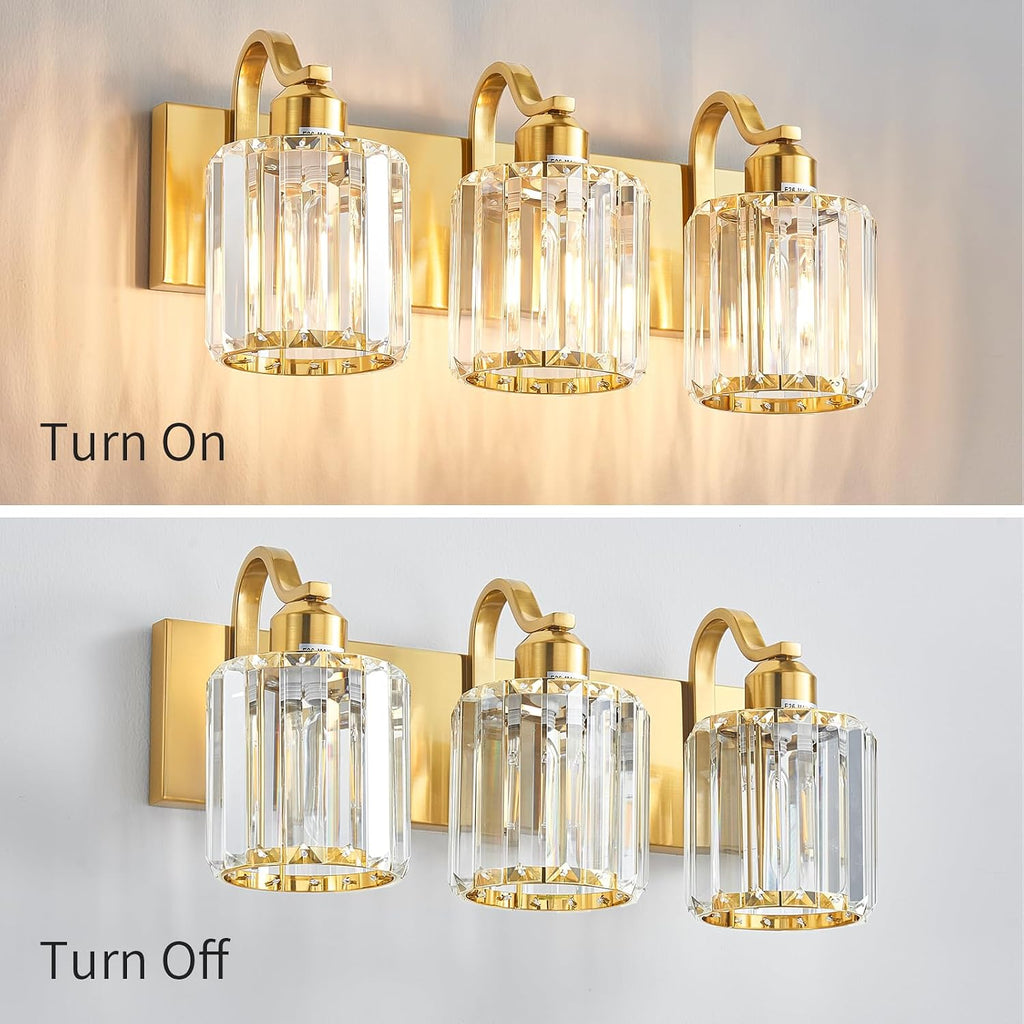 3-Light Gold Bathroom Light Fixtures,Modern Bathroom Vanity Lights Fixture with Clear Crystal Glass Shade, Modern