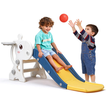 Kid Slide Indoor, Toddler Slide with Basketball Hoop and Ball, Outdoor Playset for Baby 1-4 Year Old (Sky Blue)