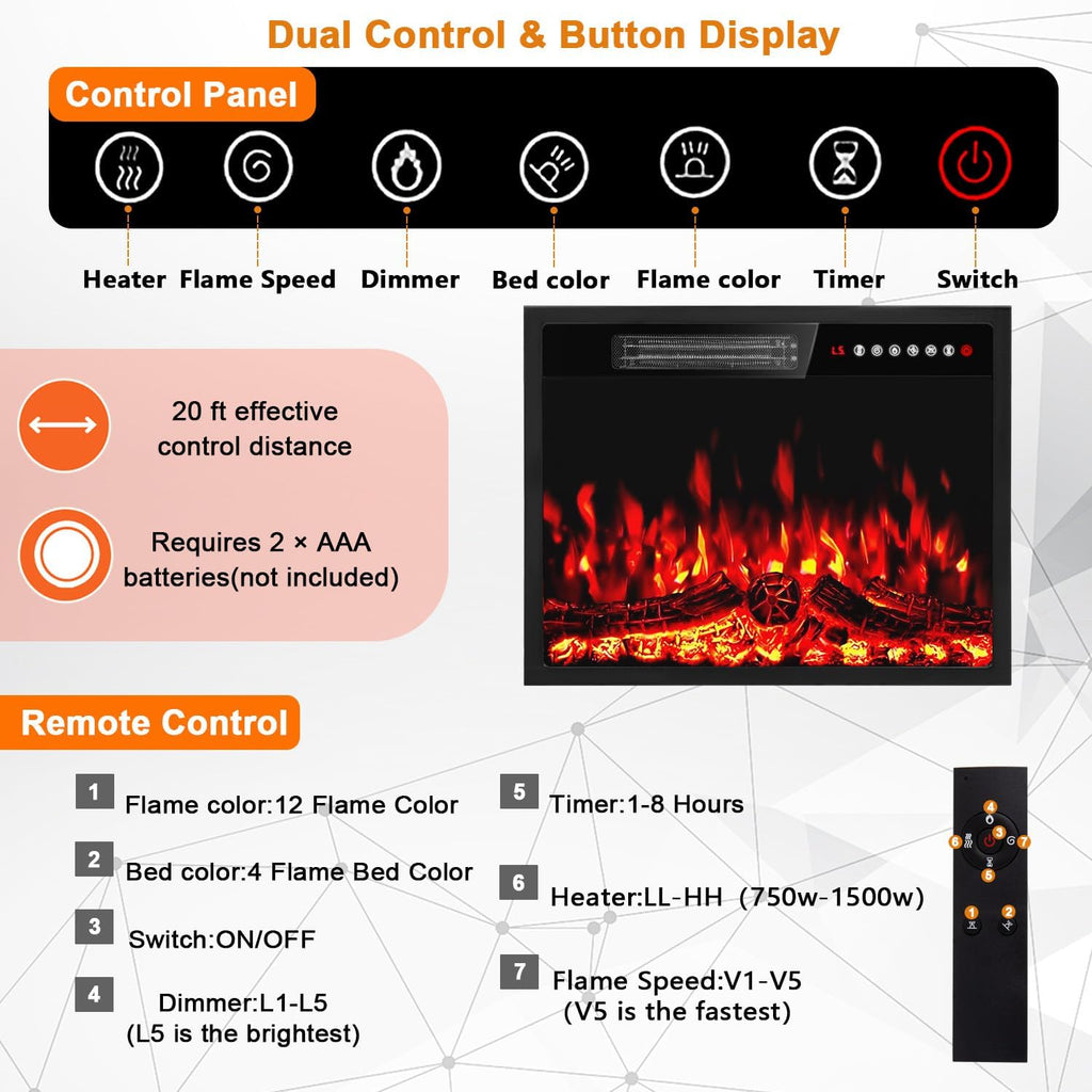 23 inch Electric Fireplace Insert Heater, Recessed Mounted Fireplace with Remote & Control Panel