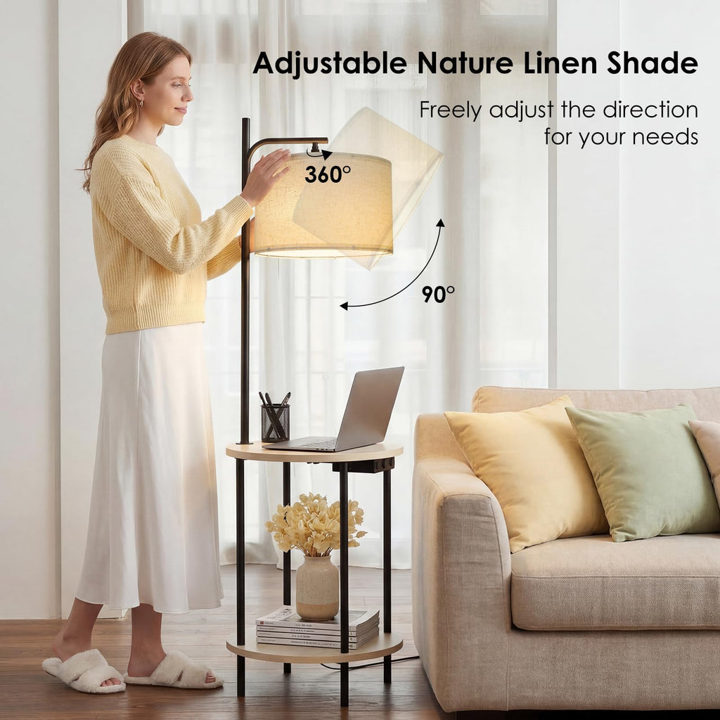 Floor Lamp with Table, USB/Type-C/AC Charging Ports, 9W LED Bulb, Round Table & Nightstand (Light Off-White)