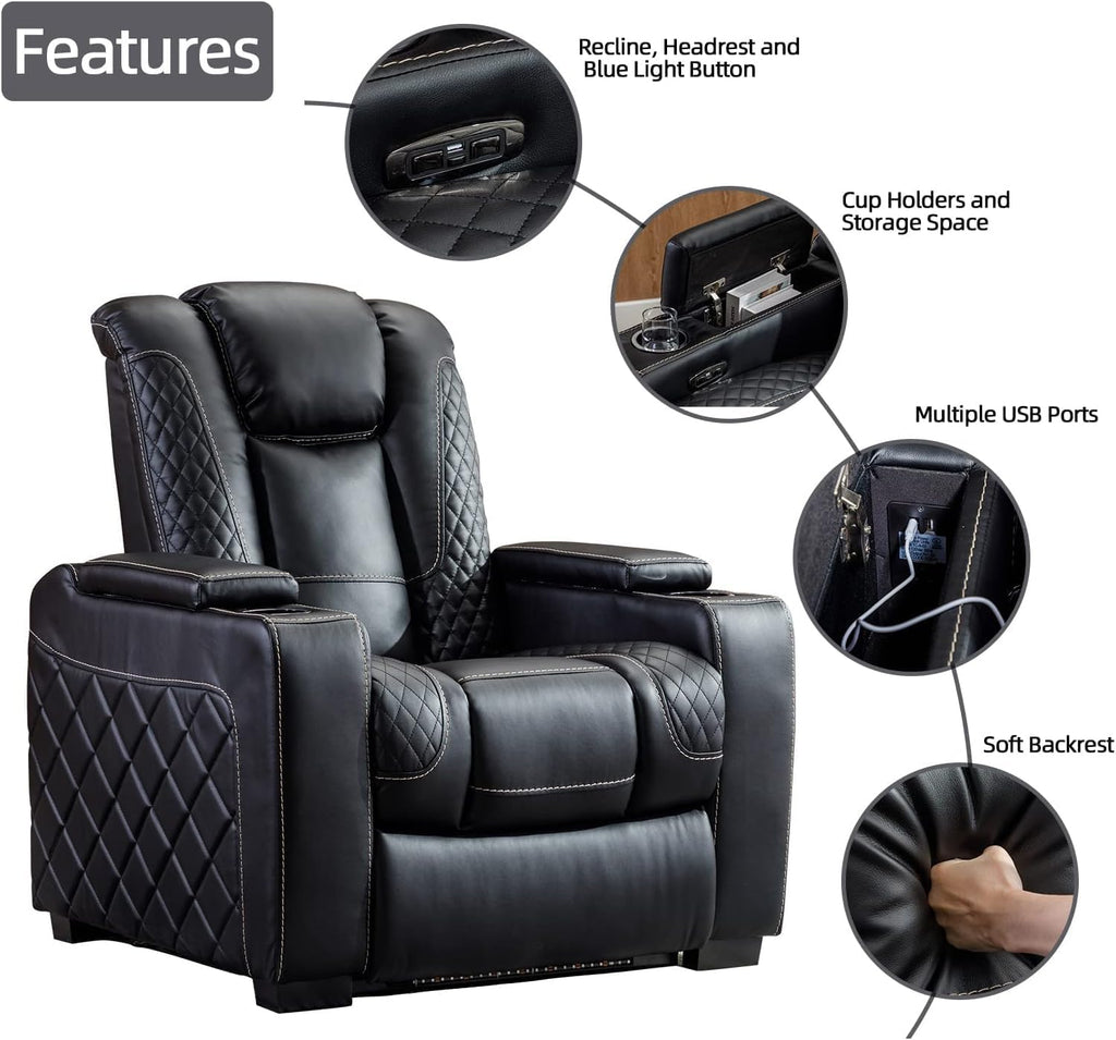 Electric Power Recliner Chair with Ambient Lighting, Faux Leather Dual Motor Power Home Theater Seating with