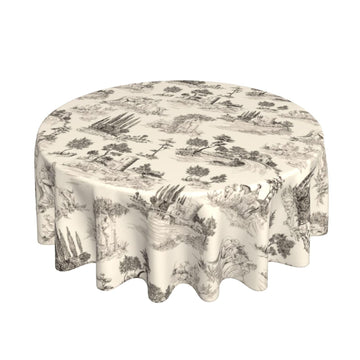 Vintage French Country Tablecloth 60 Inch Round Toile Brown White Village Table Cloths Rustic Print Classic Table