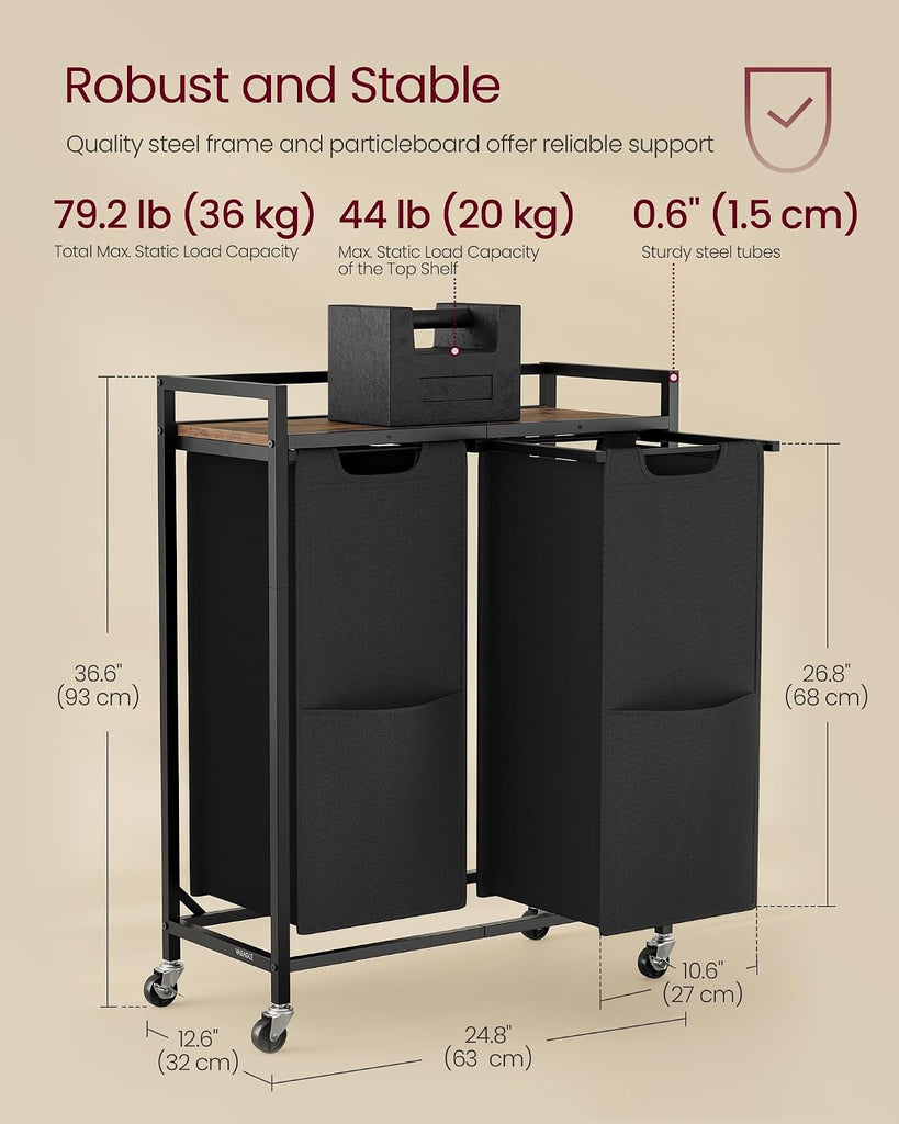 Laundry Sorter, 29 Gal. (110 L) Laundry Hamper Basket with 2 Compartments, Rolling Cart with Wheels, Shelf, Removable