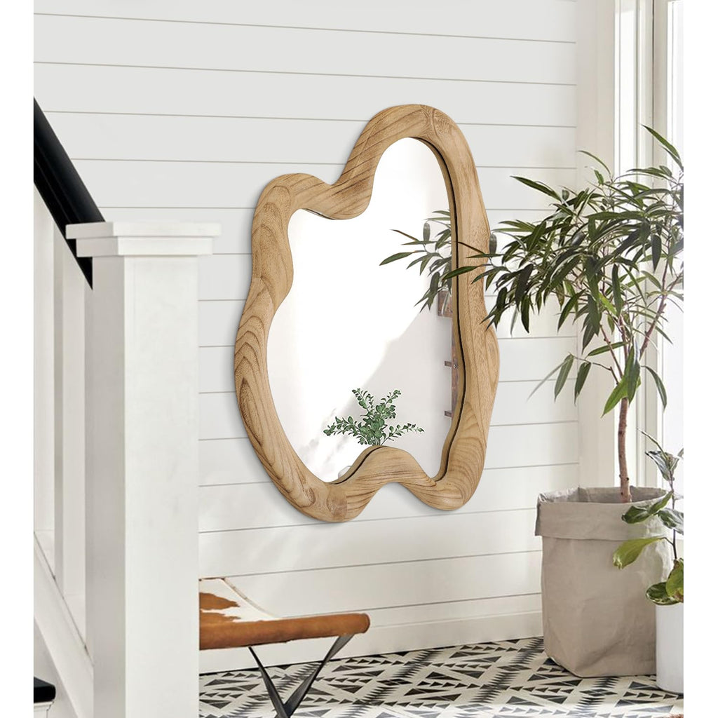 Large Rustic Wall Mirror with Wooden Frame Irregular Wall Mirror 32"x24" Decorative Asymmetrical Hanging Mirror