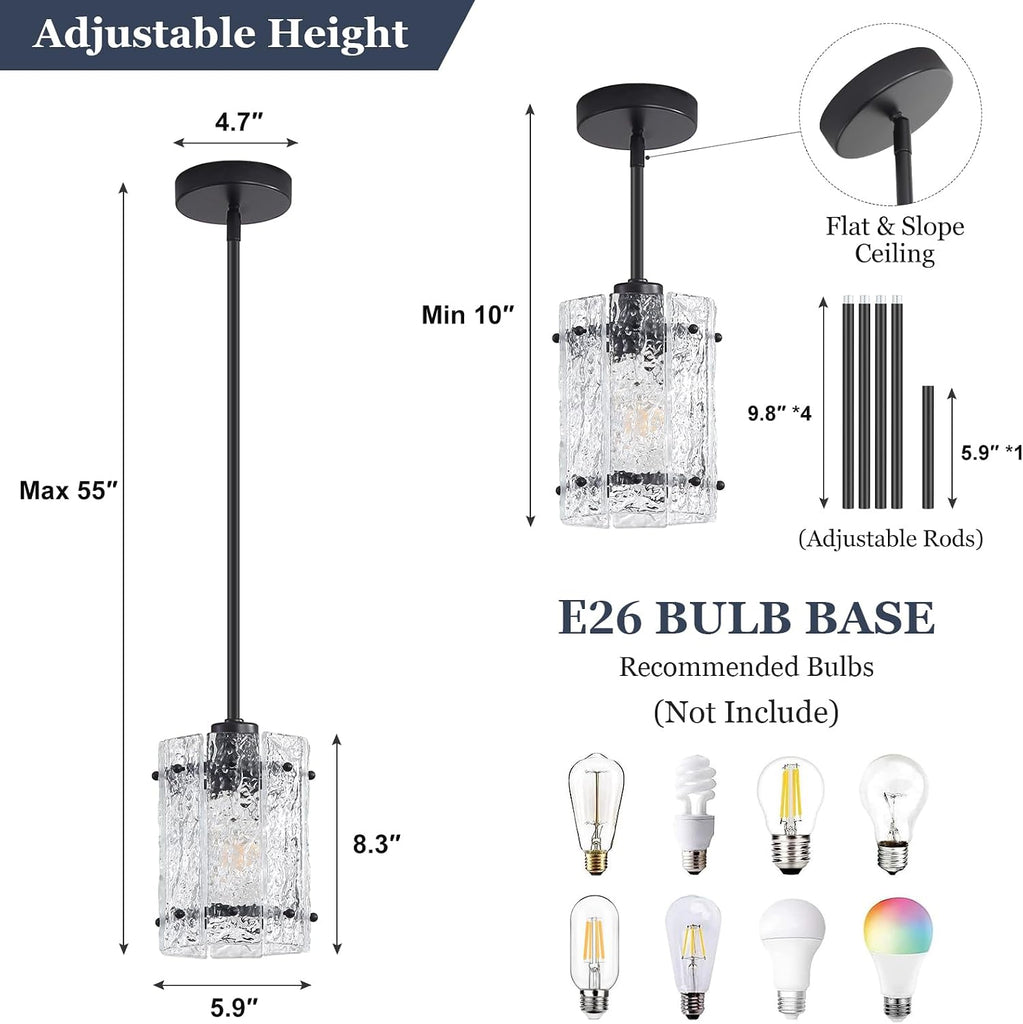 Black Glass Pendant Lights Kitchen Island, Water Ripple Round Pendant Lights Adjustable Modern Hanging Pendant Light