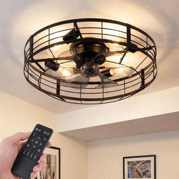 23 Inch Farmhouse Caged Ceiling Fan with Light, Remote Control Flush Mount Fan Lights Ceiling Fixtures