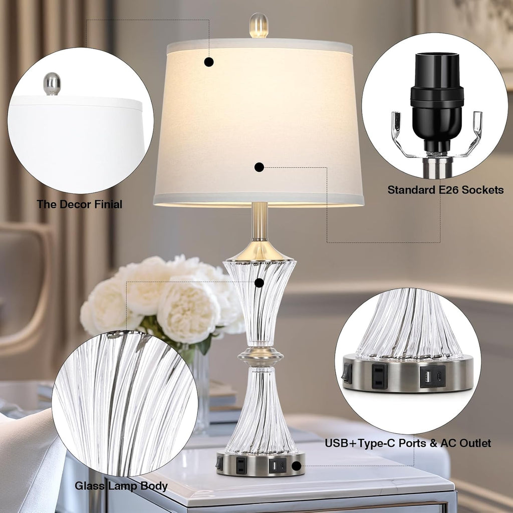 Crystal Glass Table Lamp with USB C+A Ports & AC Outlet,White Clear Modern Bedroom Lamp