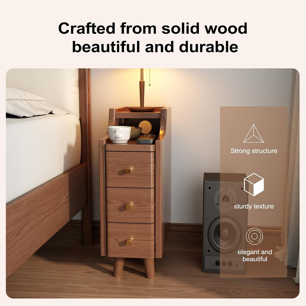 Solid Wood Narrow Nightstand with Drawers,Walnut Nightstand Wood Bedside Table Modern ,Study,Toilet