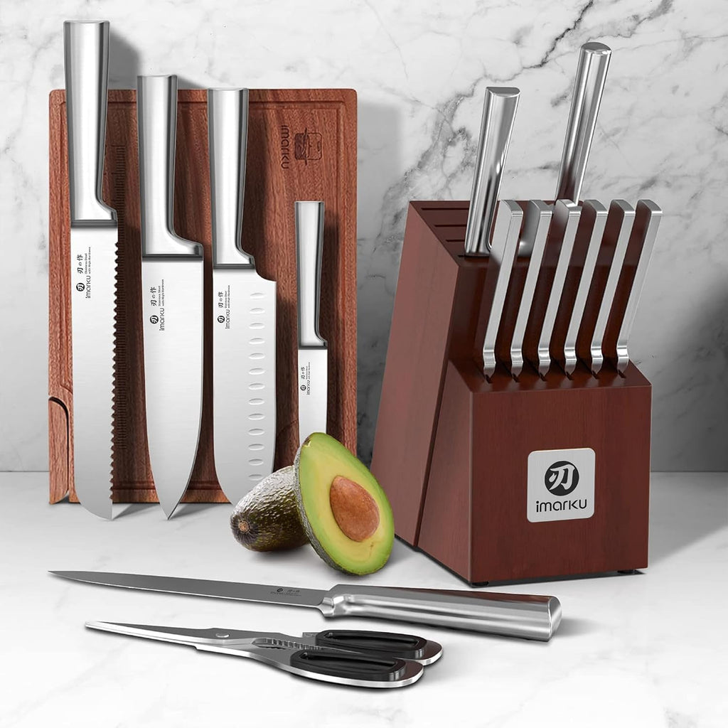 Knife Set - Kitchen Knife Set 15 Pieces Japanese Stainless Steel Knife Block Set with Sharpener - Dishwasher Safe