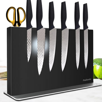 Magnetic Knife Block Without Knives-Black Stainless Steel Double-Sided Magnetic Knife Holder Stand with Strong