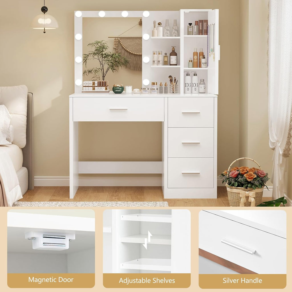 Vanity Desk with Mirror and Lights, Makeup Vanity with 4 Drawers, Cabinet & 4 Necklace Hooks, White Vanity with