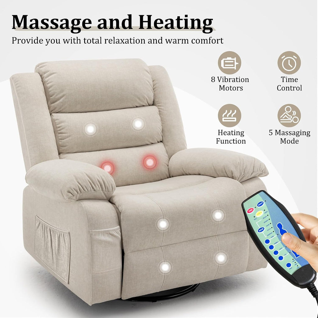 Oversized Recliner Chair, Extra Wide Rocking Chair with Massage and Heat, 360° Swivel Rocker Recliner for Adults