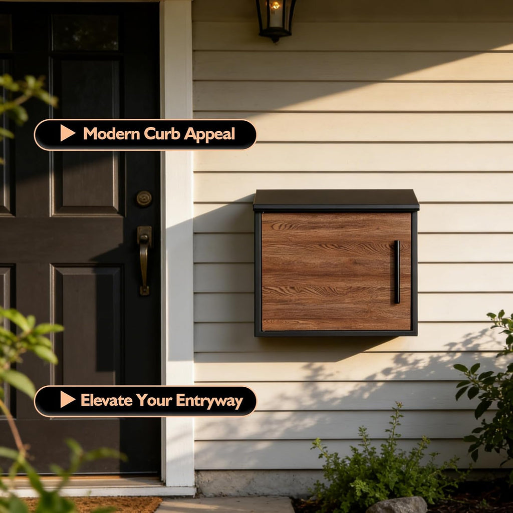 Wall Mounted Mailbox, 13x14x4inch Large Capacity with Wood-Grain Steel Panel