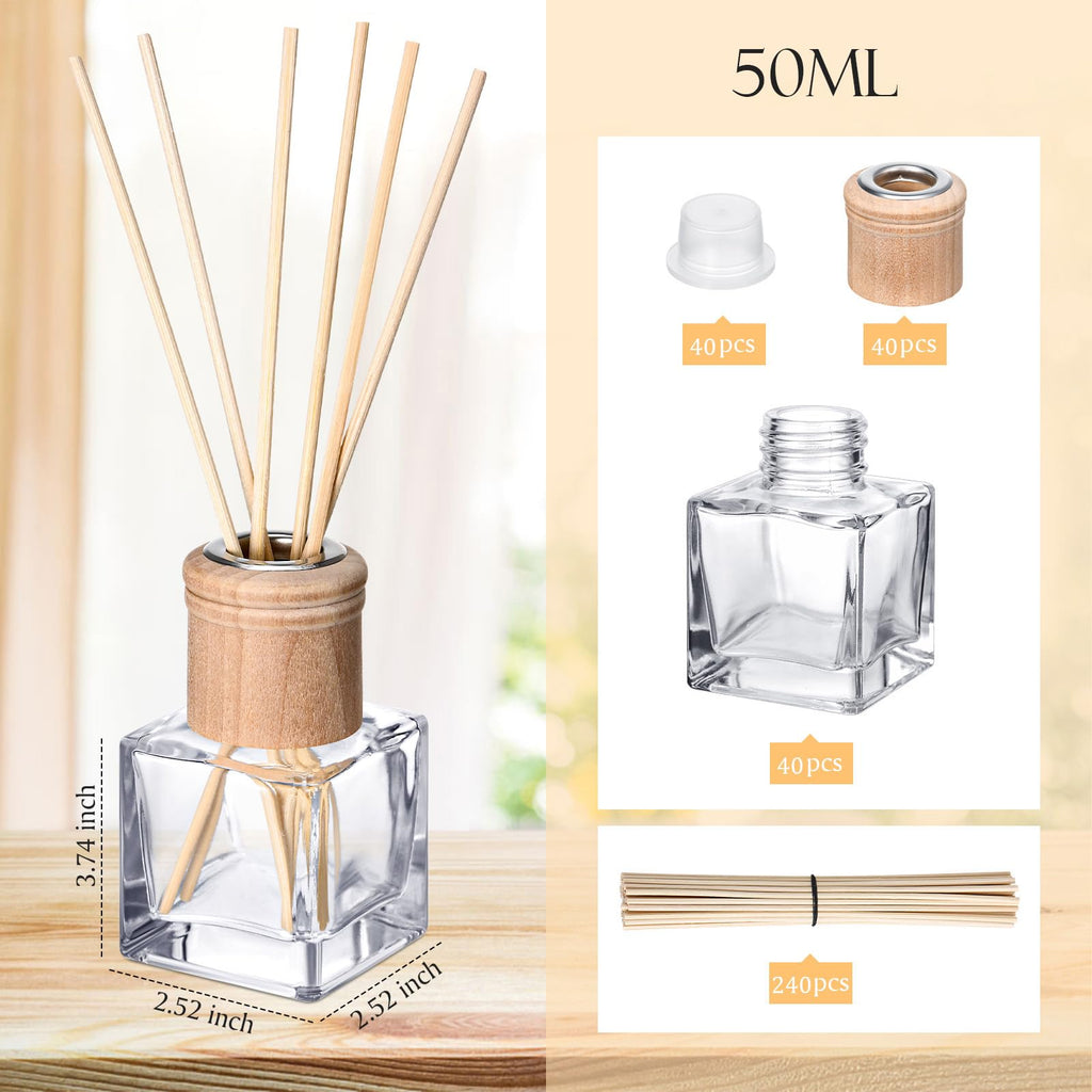 40 Set Reed Diffuser Bottles 50ml Glass Wooden Caps Rattan Sticks