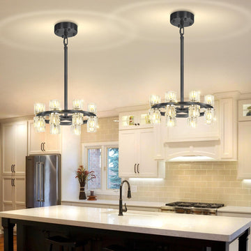 Inspired Arcachon Style Round Wagon Wheel Chandelier, 16" 16-Light Black — Foyer, Dining & Living Room