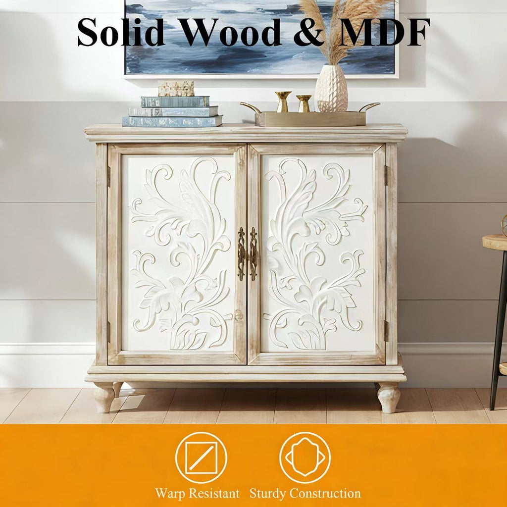Storage Cabinet, Vintage Distressed Sideboard, Accent Cabinet with 2 Floral-Carved Doors, Buffet Cabinet with