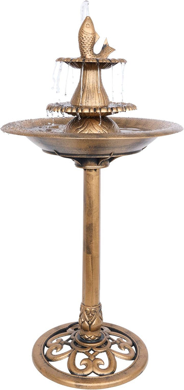 40" Tiered Pedestal Fish Fountain Birdbath, Cascading Outdoor Water Feature Décor, Gold
