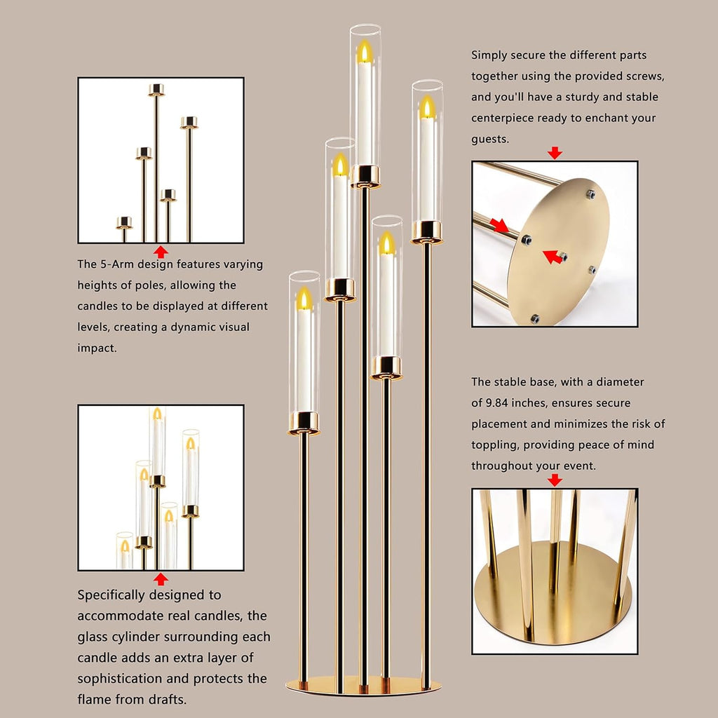 Gold 5-Arm Metal Cluster Taper Candelabra Candle Holders Includes Led Candles & Remote Control, Votive Pillar Candle
