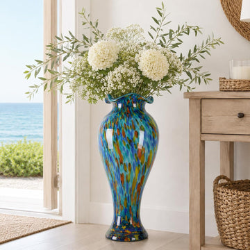 20" Tall Hand Blown Glass Vase - Pretty Ruffle Wide Mouth Decorative Flower Vase, for Modern Home Decor, Ideal