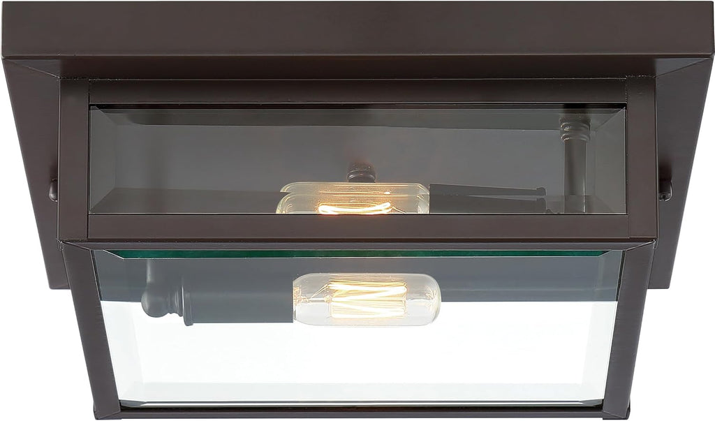 Westover 12" Outdoor Flush Mount Ceiling Light, 2-Light Western Bronze with Clear Beveled Glass, E12 Base
