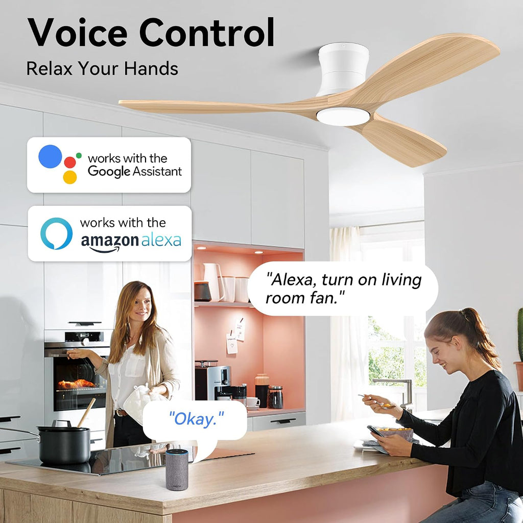 52” Wood Smart Flush Mount Ceiling Fans with Lights and Remote,Quiet DC Motor