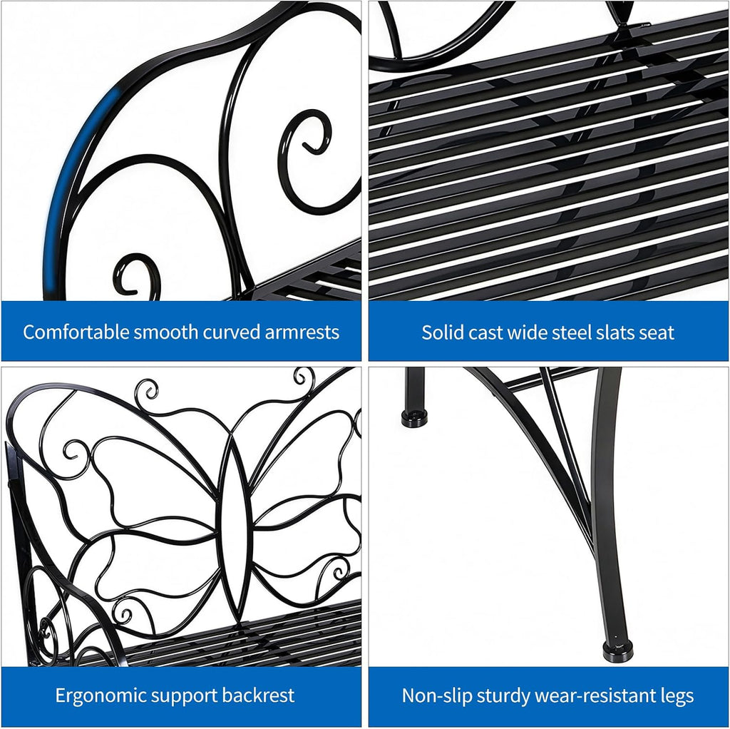 Outdoor Bench Outdoor Sturdy Rust-Resistant Bench Butterfly Cast Iron with Armrests Park,Yard, Patio, Porch, Lawn