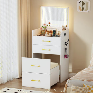 3 in 1 Vanity with Mirror and Sensor Lights,Charging Station,Pure White | Glass Top Compact Vanity with