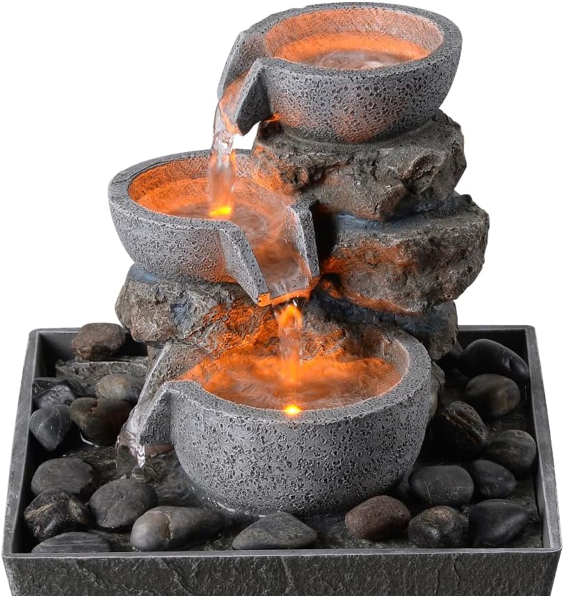 Decorative Indoor Fountain 3-Bowl Rockery Soothing Sound Tabletop Fountains Decor with Led Light/Some